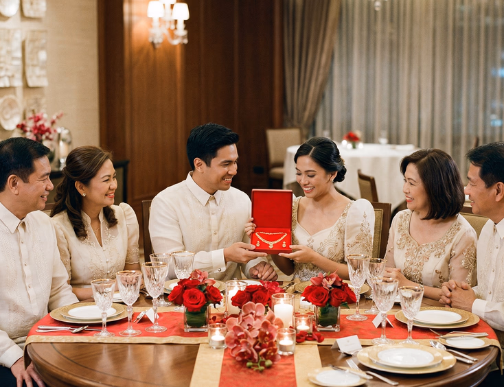 Filipino couple in their late 20s seated at the center of a formally set round table during a tinghun gift presentation, groom presenting an open jewelry box to the bride while both sets of parents watch attentively in a quiet focused room with red and gold decor