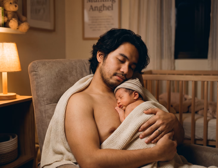 A young Filipino father holds his newborn skin-to-skin against his bare chest under a blanket in a dimly lit nursery with warm lamp light.