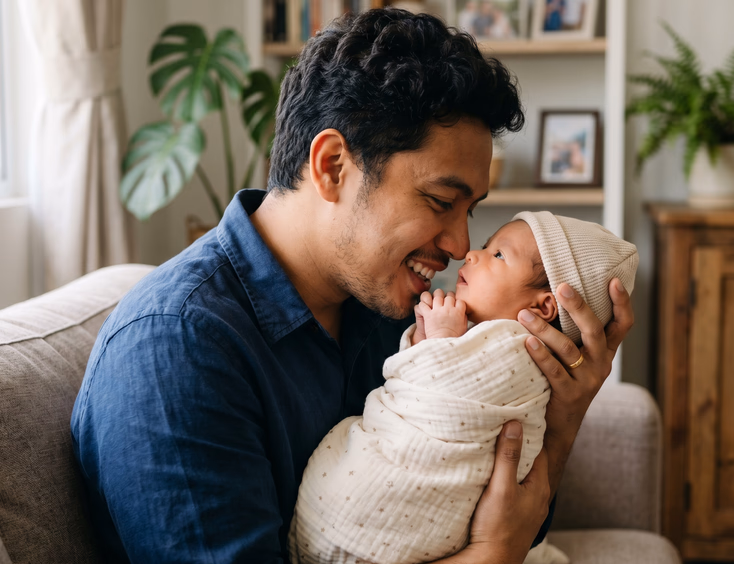 A Filipino father smiles warmly while holding his newborn close at face level and making eye contact in a bright living room with natural light.