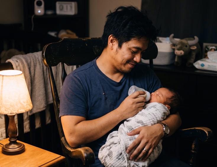 A tired yet patient Filipino father gently rocks his newborn during a late-night feeding in a dimly lit nursery with a soft, warm lamp glow.