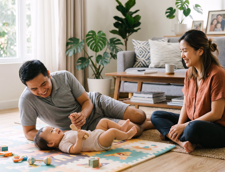A Filipino father lies on a play mat face to face with his baby while the mother watches fondly in a bright living room with natural daylight.