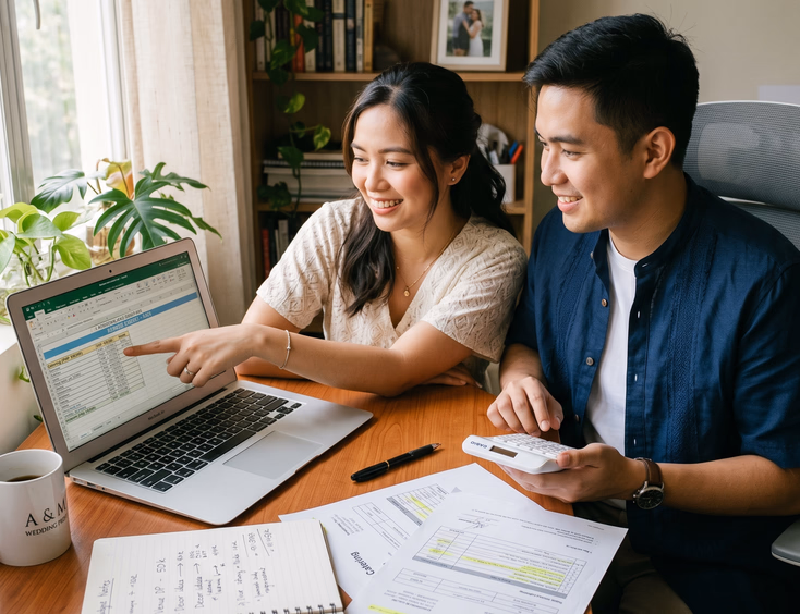 Filipino bride and groom reviewing a wedding budget spreadsheet on a laptop with a calculator and printed quotes.