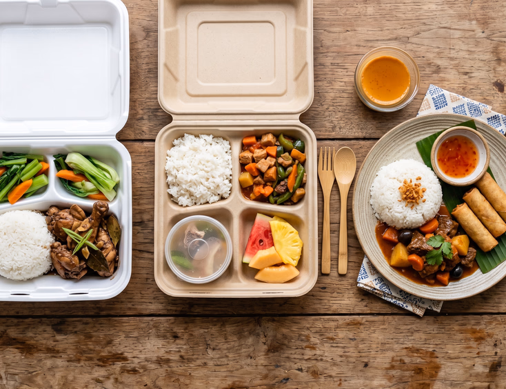 Flat lay of three Filipino wedding crew meal options ranging from styrofoam containers to plated buffet-style dishes.