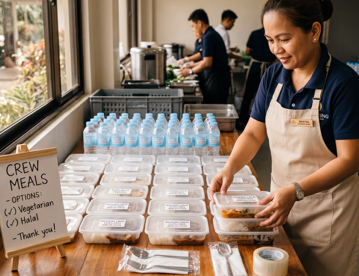 Filipino catering staff member organizing a crew meal station with labeled water and dietary-specific meal boxes.