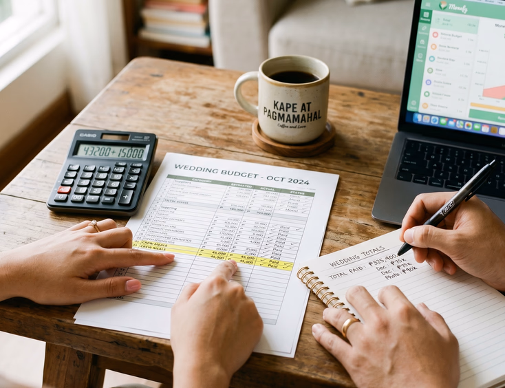 Close-up of a Filipino couple's hands highlighting crew meal line items on a printed wedding budget spreadsheet.