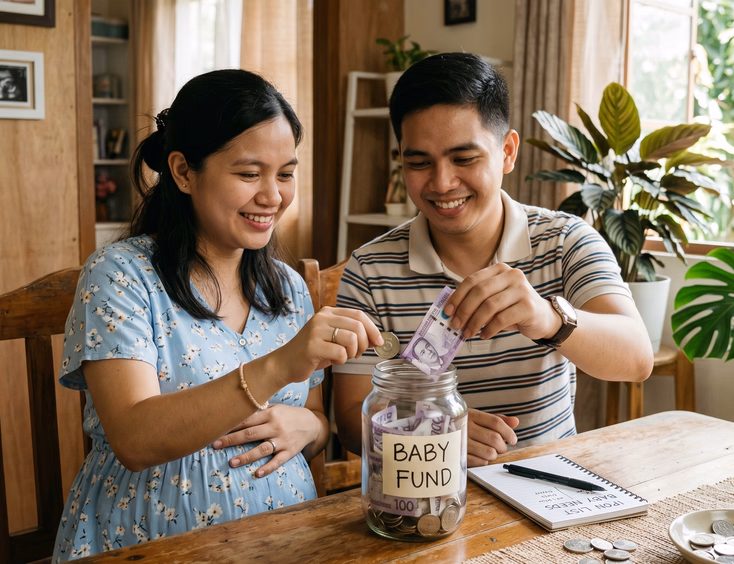 A young Filipino couple smiling while placing money into a labeled glass jar to start their baby fund in their sunlit Manila home dining room.