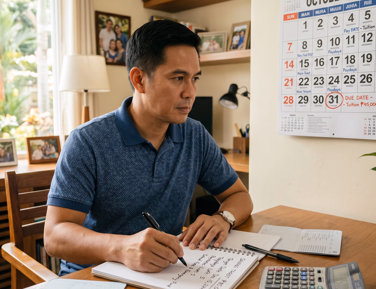 A focused Filipino father uses a calculator to write a savings target on a notepad and checks paydays on a calendar in his bright home office.