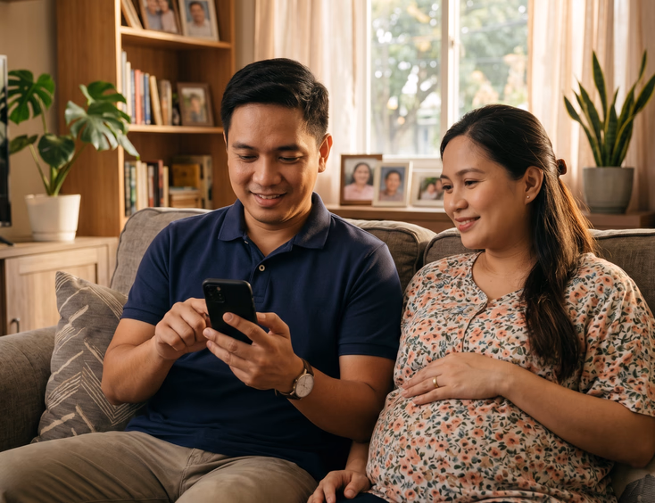 A Filipino father responsibly sets up an automatic money transfer on his phone banking app while sitting on a couch beside his pregnant wife.