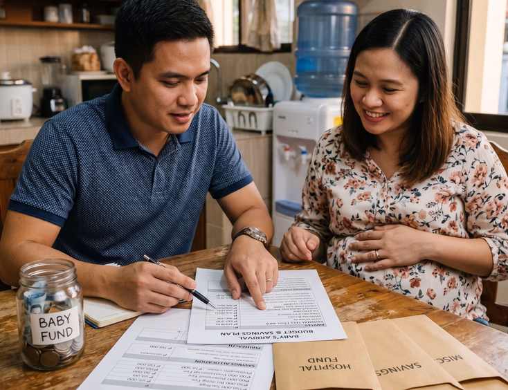 A Filipino couple organizes their finances by reviewing a simple money plan with hospital costs laid out at their warm kitchen table together.