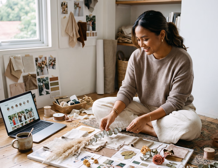 Filipino wedding stylist arranging a moodboard with fabric swatches and dried flowers in a Manila studio.
