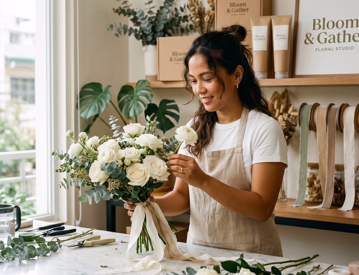 Filipino wedding florist arranging a bridal bouquet of white roses on a marble worktable in a Quezon City studio.