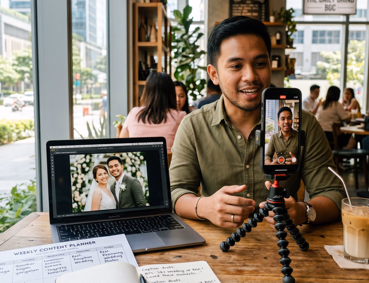 Filipino wedding photographer recording a behind-the-scenes video while reviewing photos on a laptop at a BGC café.