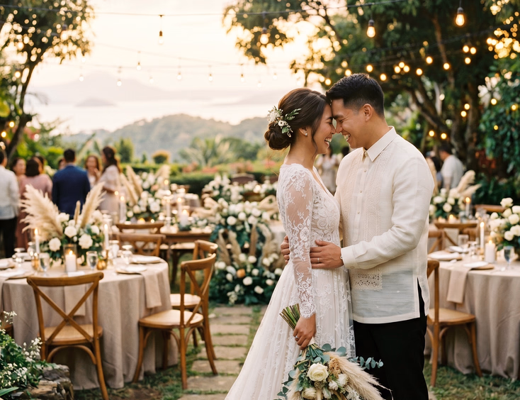 Filipino bride and groom sharing a candid, laughing moment at a garden wedding reception in Tagaytay.