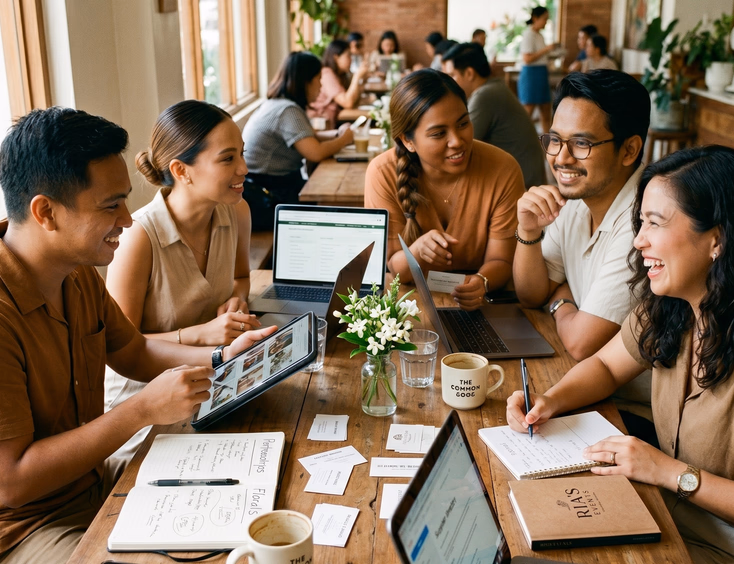 Group of Filipino wedding suppliers networking and sharing portfolios at a Pasig café.