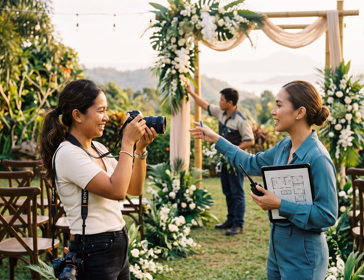 Filipino wedding photographer filming behind-the-scenes content for a coordinator at a Tagaytay venue setup.