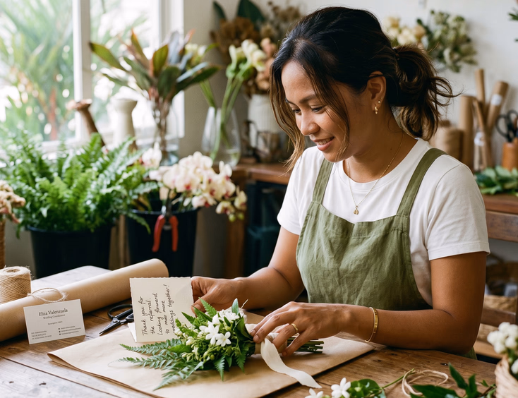 Filipino wedding florist preparing a thank-you card and referral gift in her Pasig studio.