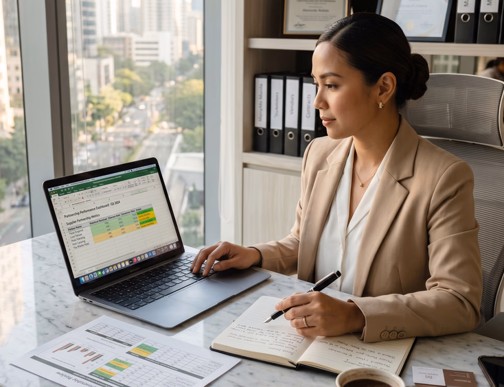 Filipino wedding coordinator tracking supplier partnership performance on a laptop in her Makati office.