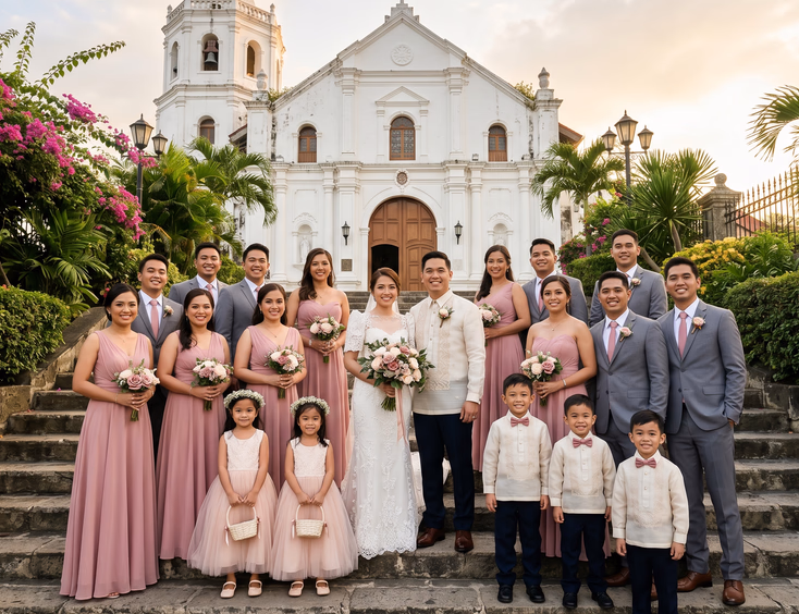 Full Filipino wedding entourage including bride in white gown, groom in ivory Barong Tagalog, six bridesmaids in dusty rose dresses, six groomsmen in gray suits with dusty rose ties, two flower girls in blush dresses, and three young boys in cream barongs with dusty rose bow ties standing on the steps of a white Catholic church in warm golden afternoon sunlight