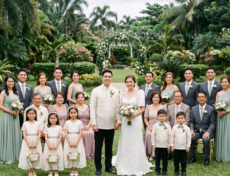 Large Filipino wedding entourage of approximately twenty-five people in two rows on a manicured garden lawn including the bride and groom at center, bridesmaids in sage green dresses, groomsmen in gray suits with sage ties, principal sponsors in muted tones, flower girls in ivory dresses with sage sashes, and bearer boys in cream barongs with sage bow ties under soft overcast daylight with tropical trees in the background