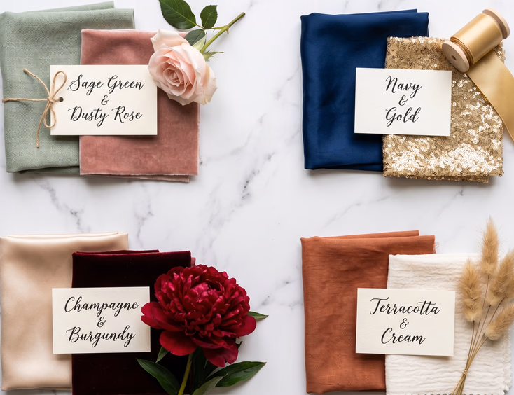Styled flat lay on a white marble surface showing four Filipino wedding color palette groupings including sage green and dusty rose with a blush rose, navy and gold with a gold ribbon, champagne and burgundy with a deep red peony, and terracotta and cream with dried pampas grass each with a small handwritten label card in soft overhead natural light
