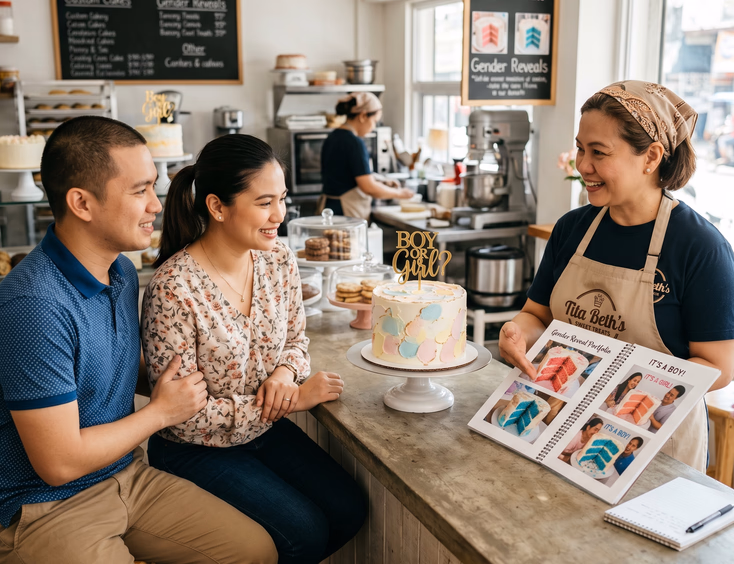 A Filipino couple discusses gender reveal cake ideas with a friendly baker in a sunlit bakeshop, viewing design portfolio photos.