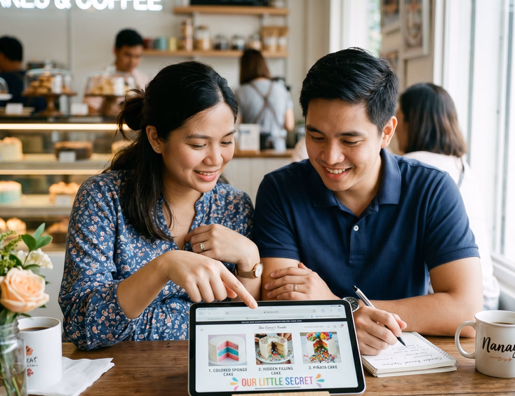 A Filipino couple focuses on choosing a unique gender reveal cake design, comparing different colored filling options on a tablet.