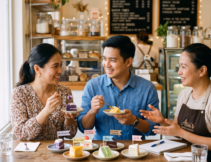 A pleased Filipino couple tastes small cake samples and discusses flavors with a baker during a cozy gender reveal consultation.