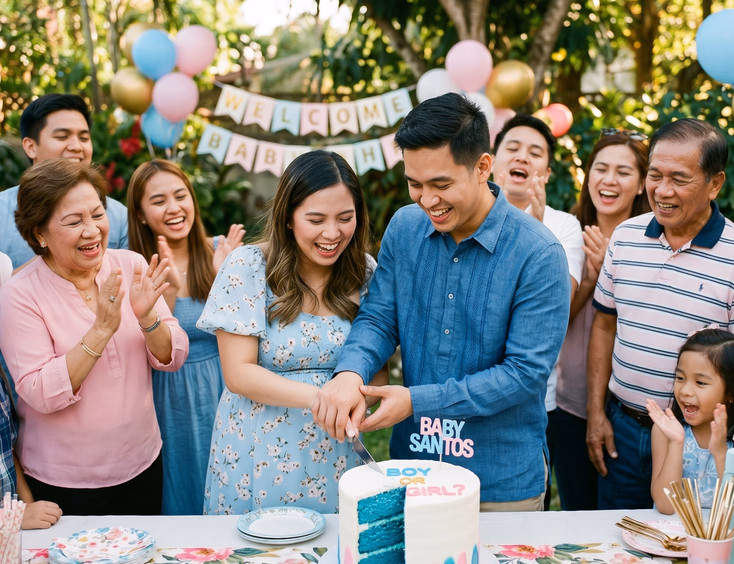 An excited Filipino couple cuts into a gender reveal cake with white frosting, revealing a vivid colored sponge, surrounded by cheering family.