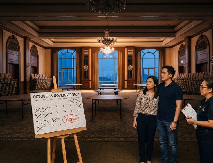 Filipino Chinese couple with wedding coordinator standing at entrance of empty Philippine hotel ballroom at dusk with wall calendar on easel showing circled and crossed-out dates in warm amber light