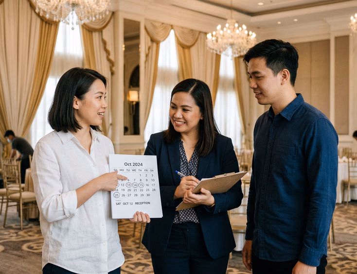 Filipino Chinese couple at Metro Manila hotel ballroom site visit with bride holding printed calendar discussing wedding dates with female coordinator in blazer while groom listens in background