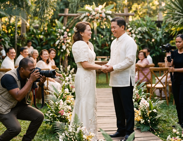 Photographer and videographer capturing a Filipino couple during their garden vow renewal ceremony.