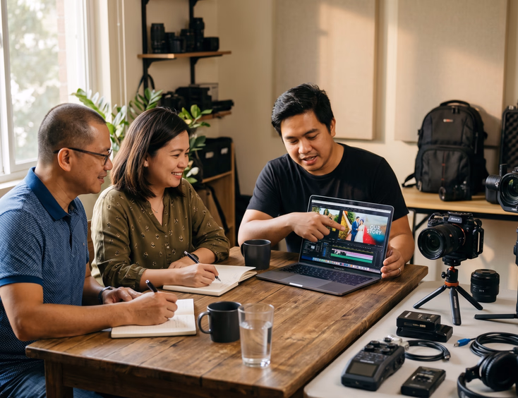 Filipino couple reviewing a wedding videography portfolio with a videographer in a studio.