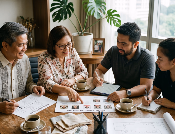 Filipino couple planning a wedding shot list and timeline with their photography team.