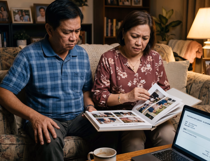 Disappointed Filipino couple looking through their vow renewal photo album on a couch.