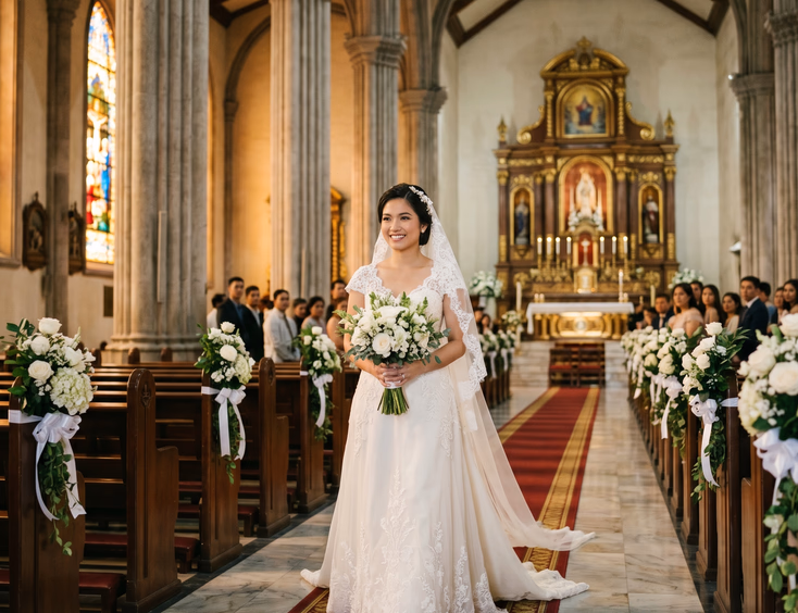 Filipina bride in an ivory A-line wedding gown with cap sleeves and chapel-length train, walking down the center aisle of a grand Philippine Catholic church with stone columns, stained glass windows, and white floral pew arrangements