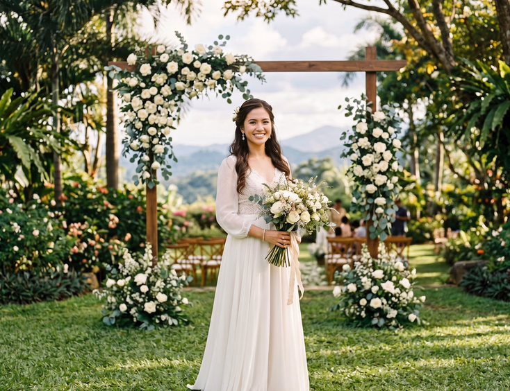 Filipina bride in a flowing ivory chiffon A-line wedding gown holding a wildflower bouquet, standing on a manicured lawn at a garden estate in Tagaytay with a white rose and eucalyptus ceremony arch and dappled tropical sunlight