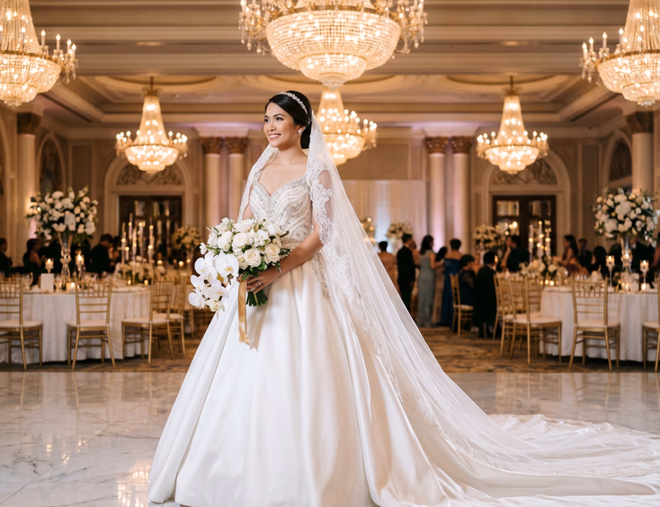 Filipina bride in a white mikado satin ball gown with crystal beading and cathedral-length train, standing on a polished marble floor inside a grand Manila hotel ballroom beneath large crystal chandeliers