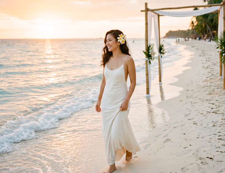 Filipina bride in a lightweight ivory crepe slip dress walking barefoot along the Boracay shoreline at golden hour, with tropical flowers in her loose hair and a bamboo ceremony arch draped in white fabric in the background