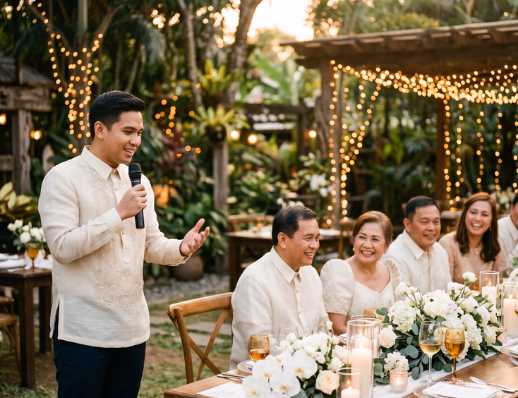 Filipino wedding host in barong tagalog speaking warmly to guests at flower and candle decorated long table in intimate garden restaurant at golden hour
