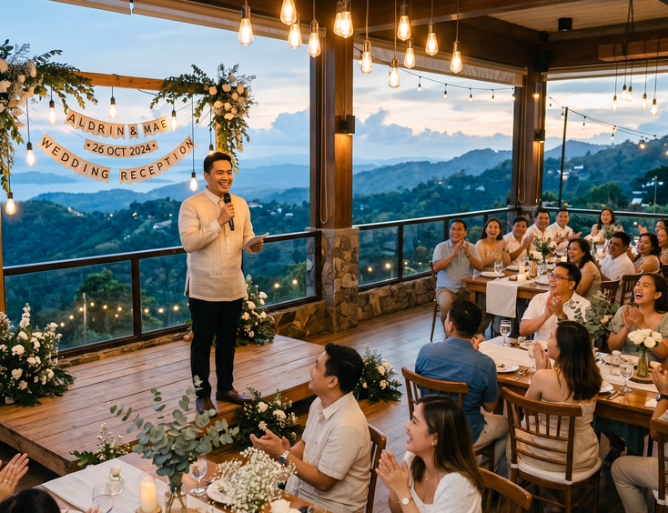 Filipino wedding host speaking on rustic wooden rooftop stage in Tagaytay overlooking green mountains before small group of guests under Edison bulb lighting