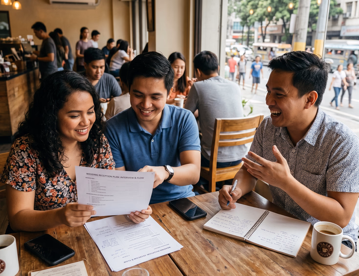 Filipino couple reviewing printed question list with smiling wedding host at Manila coffee shop with notebooks and phones on table
