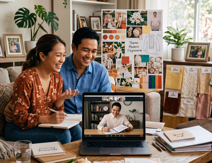Filipino bride and groom on video call with their wedding host from modern living room surrounded by mood boards and wedding planning materials