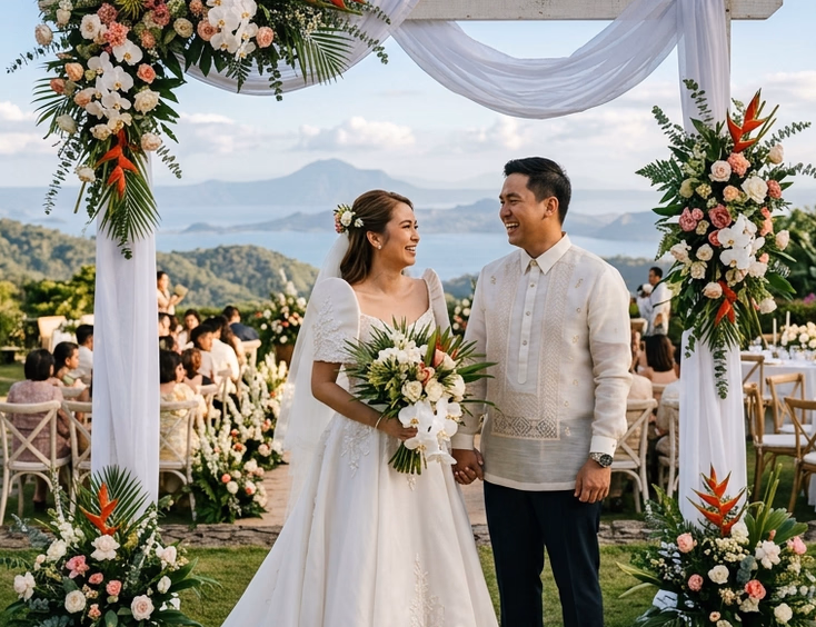 Filipino bride and groom in Filipiniana embroidered gown and barong tagalog standing under a floral wooden arch at a Tagaytay outdoor garden wedding venue with rolling hills