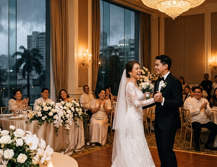 Filipino bride and groom celebrating inside an elegant Manila hotel ballroom with chandelier lighting and formal guests while a heavy rainstorm streams down the floor-to-ceiling windows