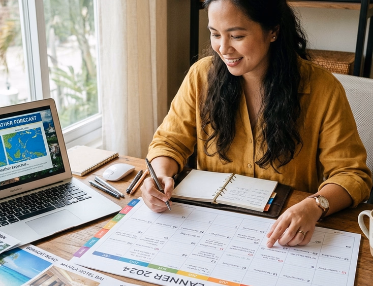 Filipino wedding planner reviewing a printed wedding calendar with venue photos, a PAGASA weather forecast on a laptop, and white orchids on a wooden desk by a sunlit window