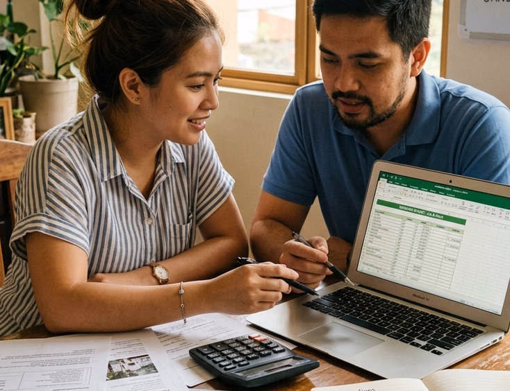 Filipino couple reviewing a wedding budget spreadsheet and printed venue quotations on a laptop at home with vendor brochures, handwritten notes, and a whiteboard of wedding month options