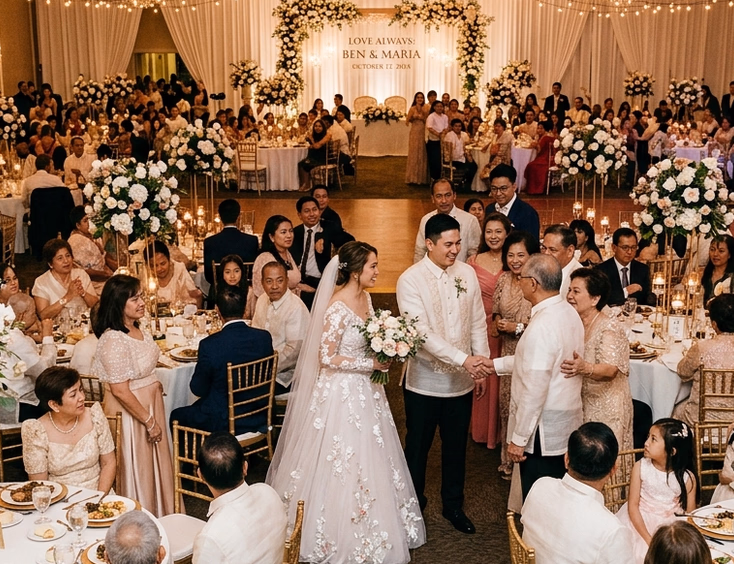 Large Filipino wedding reception with multi-generational family guests in formal attire seated at banquet tables with tall floral centerpieces and a bride and groom greeting the room