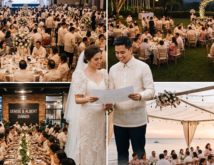 Side-by-side comparison of four Filipino wedding venue capacities featuring a hotel ballroom, Tagaytay garden, intimate restaurant, and Boracay beach setup with a couple at the center