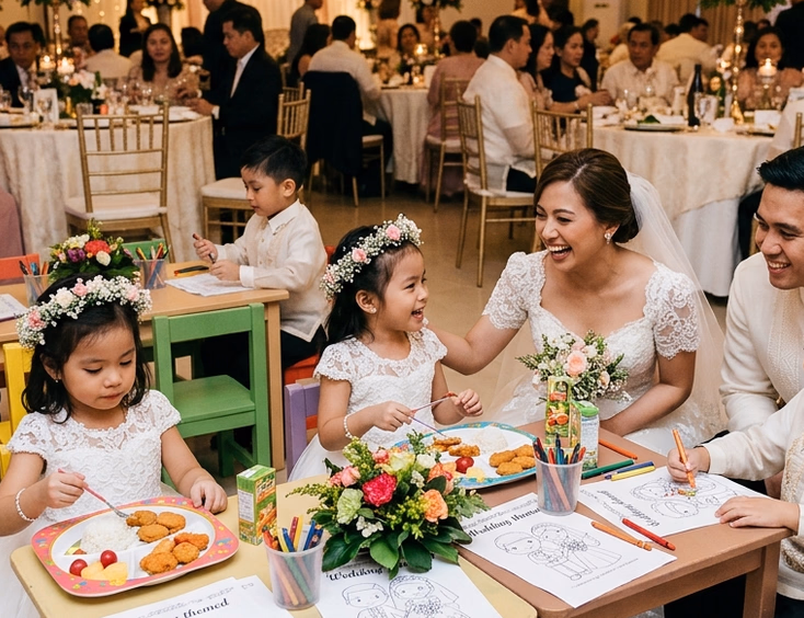 Filipino wedding reception kids' area with young flower girls and boys in mini barong tagalogs seated at small tables with coloring sheets while the bride and groom smile nearby