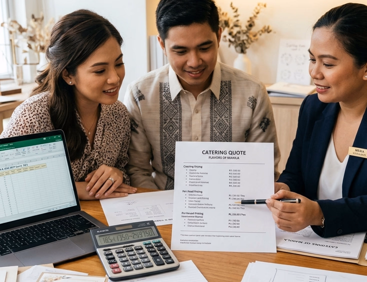 Filipino bride, groom, and wedding planner reviewing a guest list spreadsheet, catering quotes, and seating chart drafts on a planning table with per-head pricing
